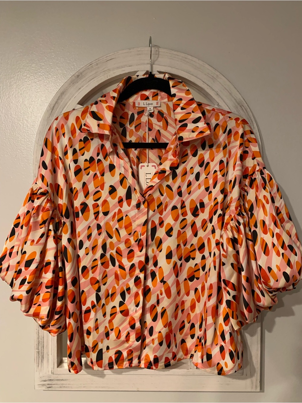 Love Pink, Orange & Black Printed Puff-Sleeve Button-Down Shirt